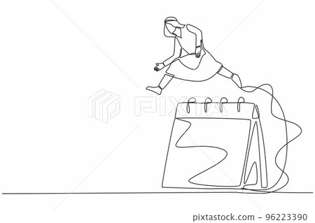 Continuous one line drawing Arab businessman jumping over big calendar. Scheduling management meeting forum for executive. Monthly business project plan. Single line design vector graphic illustration 96223390