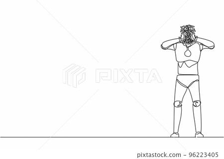 Continuous one line drawing robot with round scribbles instead of head. Confused robot searching answers trouble solution. Robotic artificial intelligence. Single line draw design vector illustration Continuous one line drawing robot with round scribbles instead of head. Confused robot searching answers trouble solution. Robotic artificial intelligence. Single line draw design vector illustration 96223405