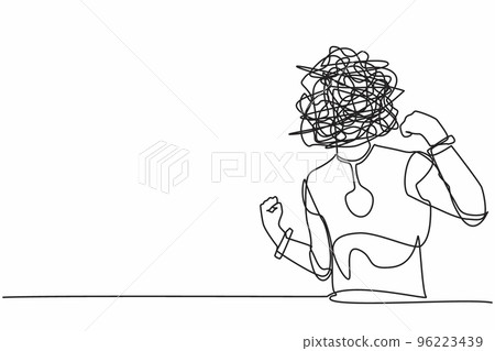 Single one line drawing robot with round scribbles instead of head, standing showing threatening gesture with clenched fist. Future technology. Continuous line draw design graphic vector illustration Single one line drawing robot with round scribbles instead of head, standing showing threatening gesture with clenched fist. Future technology. Continuous line draw design graphic vector illustration 96223439