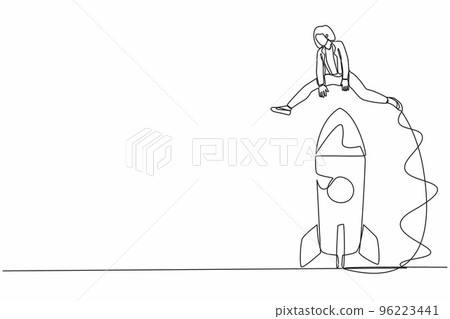 Single continuous line drawing businesswoman jumping over big rocket. Space rocket ready to fly. New business project. Successful startup launch preparation. One line draw design vector illustration 96223441