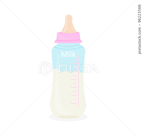 Baby milk bottle. Nutrition in the plastic container for a newborn. White drink, dairy product. Isolated vector illustration in cartoon style Baby milk bottle. Nutrition in the plastic container for a newborn. White drink, dairy product. Isolated vector illustration in cartoon style 96223566