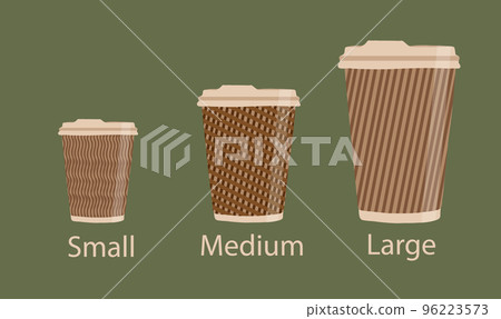 Vector set of different take away coffee. Paper cup size chart: small, medium, large. Coffee to go. Take away. Vector set of different take away coffee. Paper cup size chart: small, medium, large. Coffee to go. Take away. 96223573