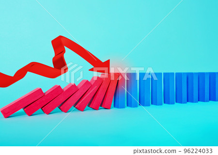 Concept of covid19 coronavirus pandemic with falling chain like a domino game and decreasing statistic arrow 96224033