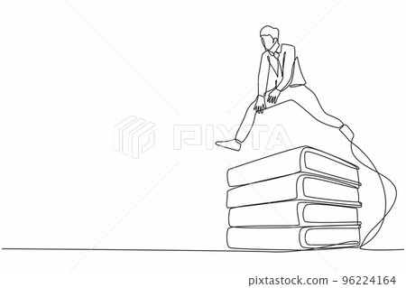 Continuous one line drawing businessman jumping over pile of big binders. Office supply, information classification, management order, document paper. Single line design vector graphic illustration 96224164