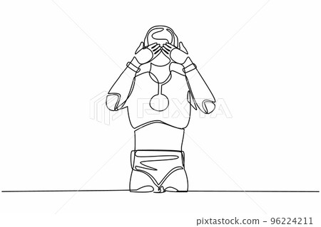 Single continuous line drawing robot standing with covering his eyes with hands because of disgust and reluctance to see something. Robotic artificial intelligence. One line design vector illustration 96224211