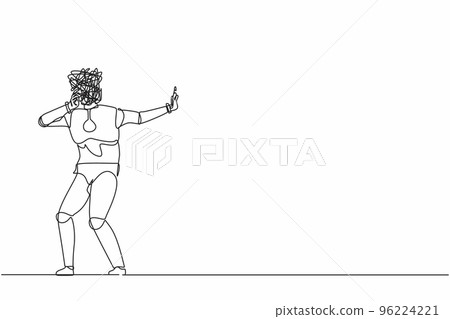 Continuous one line drawing robot with round scribbles instead of head. Stop gesture, robot covering eye with hand. Embarrassed. Robotic artificial intelligence. Single line design vector illustration 96224221