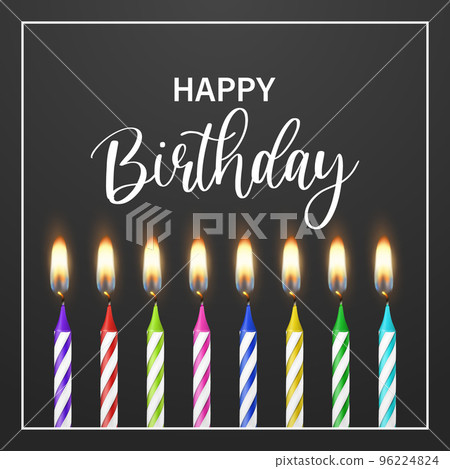 Happy Birthday. Vector Banner, Greeting Card with 3d Realistic Paraffin or Wax Burning Birthday Party Candle and Flame Set on Black Background. Design Template, Clipart, Birthday Concept Happy Birthday. Vector Banner, Greeting Card with 3d Realistic Paraffin or Wax Burning Birthday Party Candle and Flame Set on Black Background. Design Template, Clipart, Birthday Concept 96224824