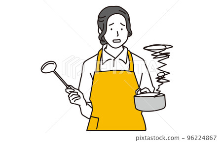 A woman wearing an apron who fails to cook A woman wearing an apron who fails to cook 96224867
