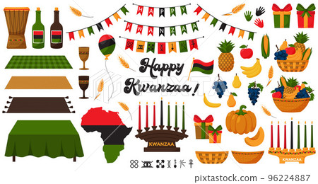 Set of decorative elements for traditional African American holiday Kwanzaa. Candleholder, Kinara, fruits, gift boxes, mkeka, drum, unity cup, flags, signs of principles. Isolated vector illustrations 96224887
