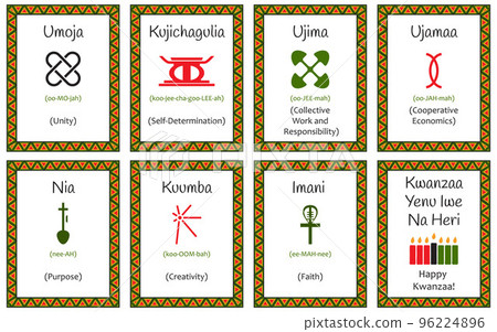 A set of cards with seven signs of the Kwanzaa principles. Symbol with names in Swahili and description. Poster with an ethnic African pattern in traditional colors. Vector illustration A set of cards with seven signs of the Kwanzaa principles. Symbol with names in Swahili and description. Poster with an ethnic African pattern in traditional colors. Vector illustration 96224896