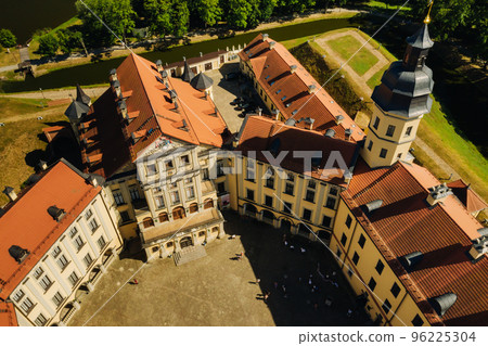 Top view of the Nesvizh Castle and the park in the summer.Belarus 96225304