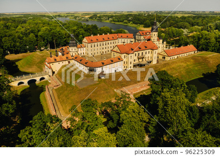 Top view of the Nesvizh Castle and the park in the summer.Belarus 96225309