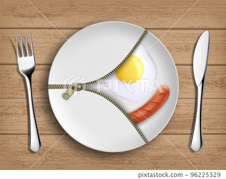 Fried egg with sausage on a plate. 96225329