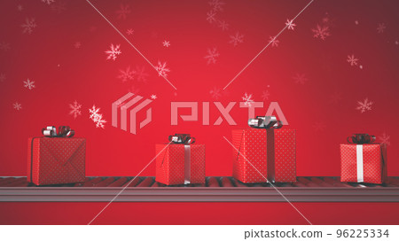Christmas gift boxes, on conveyor rollers, ready to be shipped on red background with snow flakes Christmas gift boxes, on conveyor rollers, ready to be shipped on red background with snow flakes 96225334