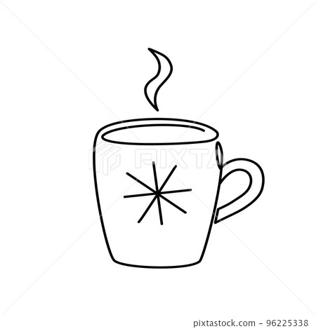 Warm or hot winter drink in a mug with snowflake. Cup of hot coffee or tea with steam symbol. Outline vector illustration. Line art, minimalistic style 96225338