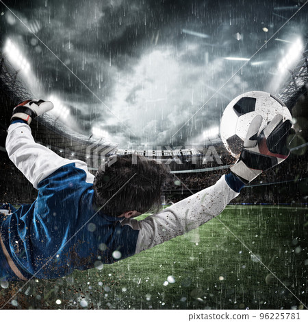 Goalkeeper catches the ball in the stadium 96225781