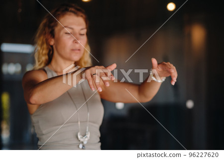 The girl does yoga and is in a state of meditation. The concept of a healthy lifestyle 96227620