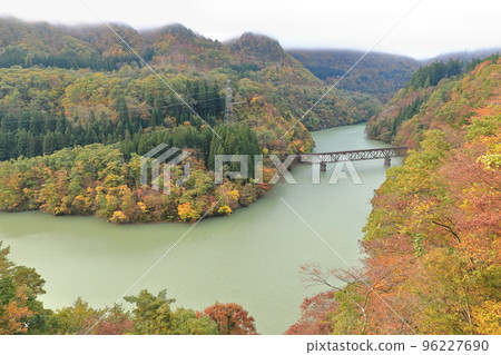 A train running on the Tadami Line in fall foliage 96227690