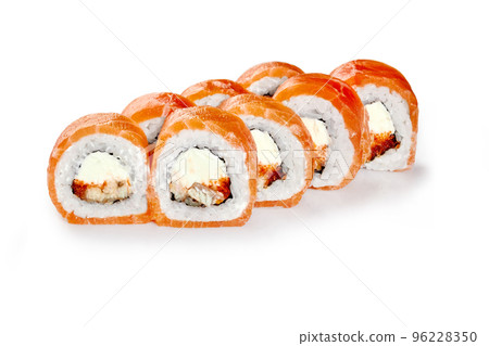 Philadelphia rolls with cream cheese, eel and tobiko wrapped in salmon fillet 96228350