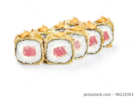 Warm tempura rolls with tuna coated with panko breadcrumbs and sauce Warm tempura rolls with tuna coated with panko breadcrumbs and sauce 96228361