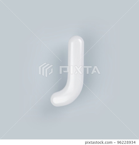 3D White plastic uppercase letter J with a glossy surface on a gray background. 96228934