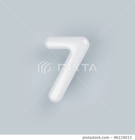 3D White plastic number 7 with a glossy surface on a gray background. 96229013