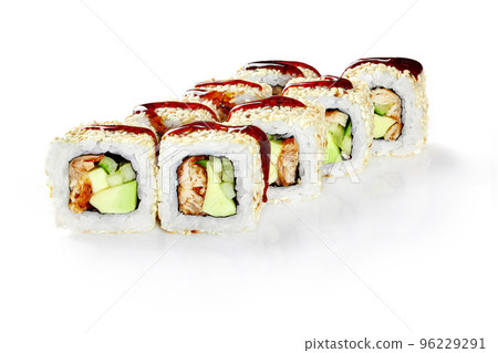 California rolls with baked eel, cucumber, avocado, sesame, unagi sauce 96229291