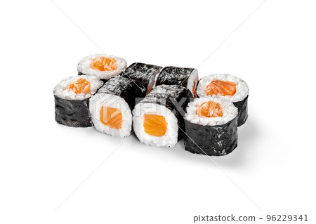Classic maki sushi rolls with raw salmon wrapped in rice and nori Classic maki sushi rolls with raw salmon wrapped in rice and nori 96229341
