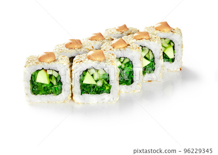 California sushi rolls in sesame with hiyashi seaweed, avocado, cucumber topped with yaki sauce California sushi rolls in sesame with hiyashi seaweed, avocado, cucumber topped with yaki sauce 96229345
