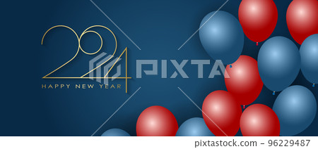 Happy New Year 2024 Elegant gold text with balloons and confetti. Realistic vector illustration 96229487