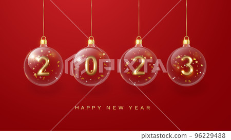 2023 Happy New Year in red. 2023 Golden metal number in glass bauble, decoration. Realistic 3d render metallic sign. Xmas Poster, banner, cover card, brochure flyer, layout design 2023 Happy New Year in red. 2023 Golden metal number in glass bauble, decoration. Realistic 3d render metallic sign. Xmas Poster, banner, cover card, brochure flyer, layout design 96229488