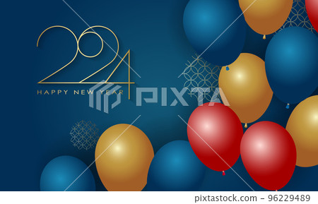 Happy New Year 2024 Elegant gold text with balloons and confetti. Realistic vector illustration 96229489