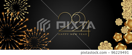 Happy New Year 2024 Elegant gold text with balloons and confetti. Realistic vector illustration 96229491