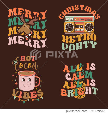 Groovy Christmas prints set with different vintage graphics and quotes-hot cocoa vibes, all is calm all is bright. Retro Christmas graphics. Stock vector clipart on dark background 96229563