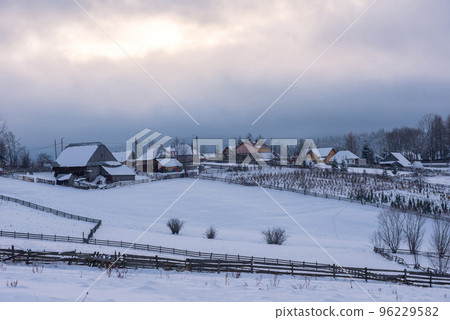 Winter mountain village landscape Winter mountain village landscape 96229582