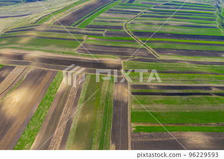 Aerial drone view of agricultural fields of plowed crops Aerial drone view of agricultural fields of plowed crops 96229593