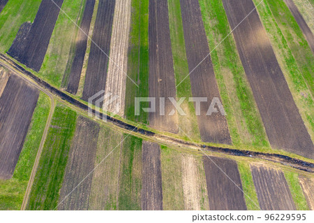 Aerial drone view of agricultural fields of plowed crops 96229595
