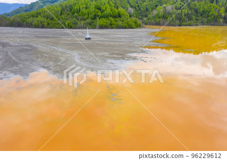 Aerial view of Geamana church flooded by mining waste water 96229612