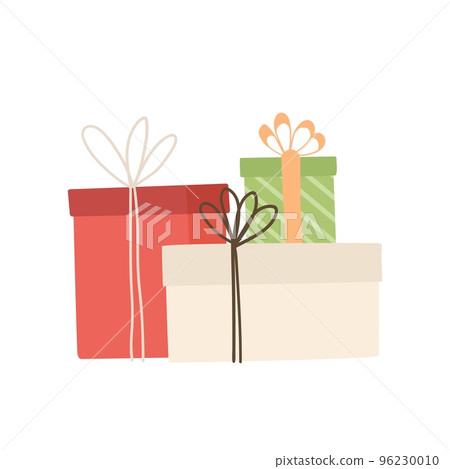 Gift boxes in wrapping paper and ribbon isolated on white background. Merry Christmas and Happy New Year design. Flat vector illustration. Presents for holiday, birthday. Gift boxes in wrapping paper and ribbon isolated on white background. Merry Christmas and Happy New Year design. Flat vector illustration. Presents for holiday, birthday. 96230010
