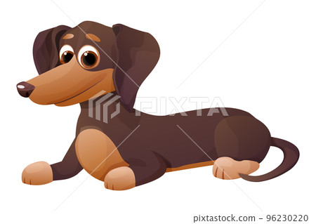 Cute dachshund puppy, lying and smiling in cartoon style, bright pet character isolated on white background. Cute dachshund puppy, lying and smiling in cartoon style, bright pet character isolated on white background. 96230220