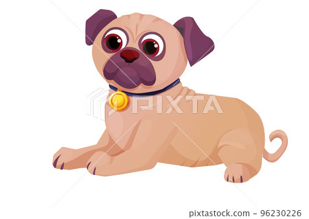 Pug cute, comic dog puppy with collar and golden coin in cartoon style isolated on white background. Pug cute, comic dog puppy with collar and golden coin in cartoon style isolated on white background. 96230226