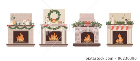 Set of Christmas fireplace with decoration, garland, wreath, candles. Home winter holiday decor. Happy New year. Flat vector illustrations Set of Christmas fireplace with decoration, garland, wreath, candles. Home winter holiday decor. Happy New year. Flat vector illustrations 96230396