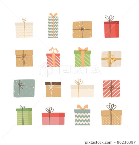 Set of gift boxes in wrapping paper with ribbon isolated on white background. Merry Christmas and Happy New Year design. Flat vector illustration 96230397