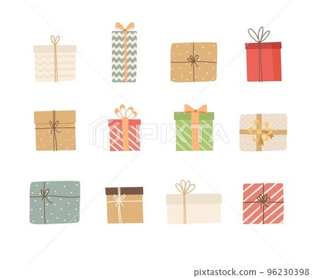 Set of gift boxes with ribbon isolated on white background. Christmas and Happy New Year design, Birthday. Presents flat vector illustration Set of gift boxes with ribbon isolated on white background. Christmas and Happy New Year design, Birthday. Presents flat vector illustration 96230398