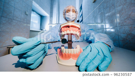 A dental doctor wearing blue gloves and a mask holds a dental model of the upper and lower jaws and a dental mirror 96230587