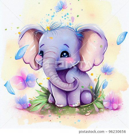Cute baby elephant watercolor illustration. Isolated on white background. African baby animal for baby shower, nursery decorations, birthday invitations, postera, greeting card, fabric. Baby girl Cute baby elephant watercolor illustration. Isolated on white background. African baby animal for baby shower, nursery decorations, birthday invitations, postera, greeting card, fabric. Baby girl 96230656