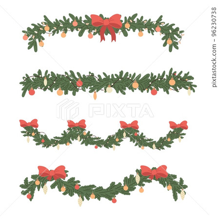 Set of cartoon Christmas fir garlands, border, red bow and light. Xmas decor, fir tree branches. Flat vector illustration. Holidays, New Year decoration 96230738
