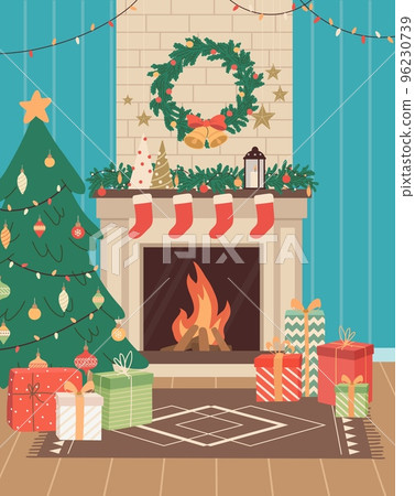 Christmas cozy interior with fireplace and decoration. Cute living room with Xmas tree, balls, gift boxes, garland, candles, bells. Winter holiday season. Flat vector illustration. 96230739