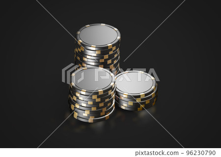 Blank black gold plastic round chip mockup stack, dark background 96230790