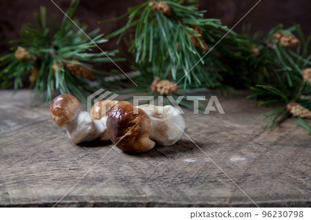 Porcini mushroom commonly known as Boletus Edulis on vintage wooden background.. Porcini mushroom commonly known as Boletus Edulis on vintage wooden background.. 96230798